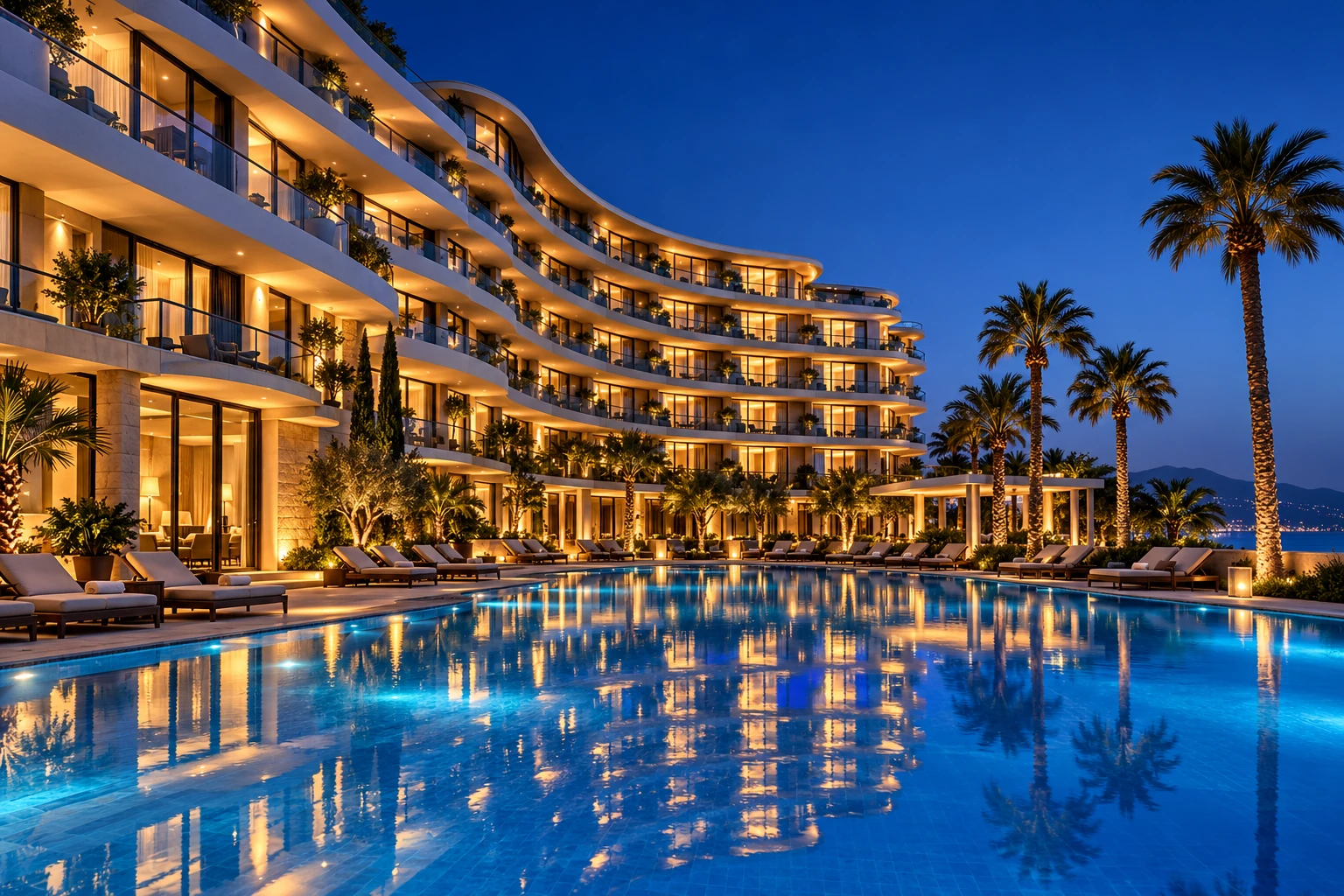 Hôtel quatre étoiles sous enseigne en front de mer — Antibes, FR. Illustration générée par IA pour préserver la confidentialité ; elle ne constitue pas une photographie du bien proposé. Les visuels réels sont communiqués en privé.