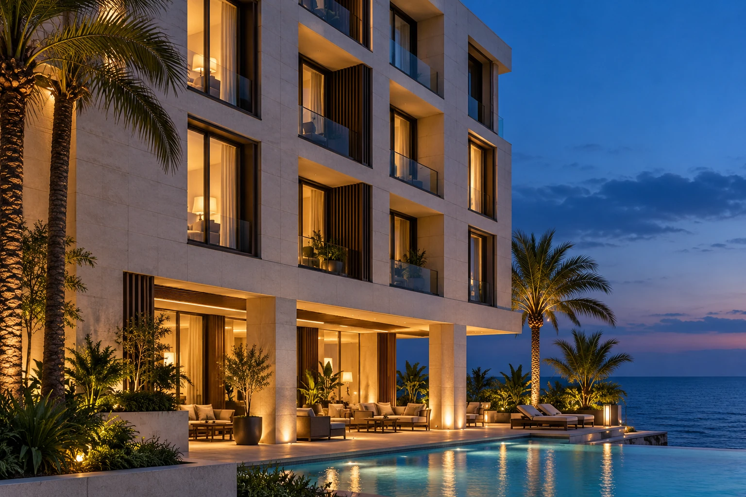 Branded Beachfront Hotel — Ras Al Khaimah, UAE. AI-generated illustration created to preserve confidentiality; not a photograph of the offered asset. Actual imagery is shared privately.